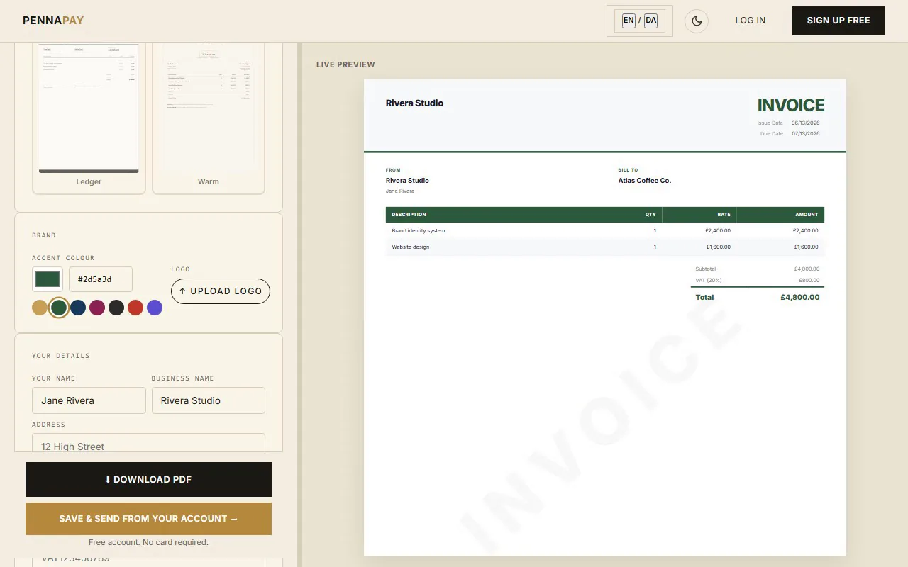 A branded invoice assembled in the PennaPay free invoice maker