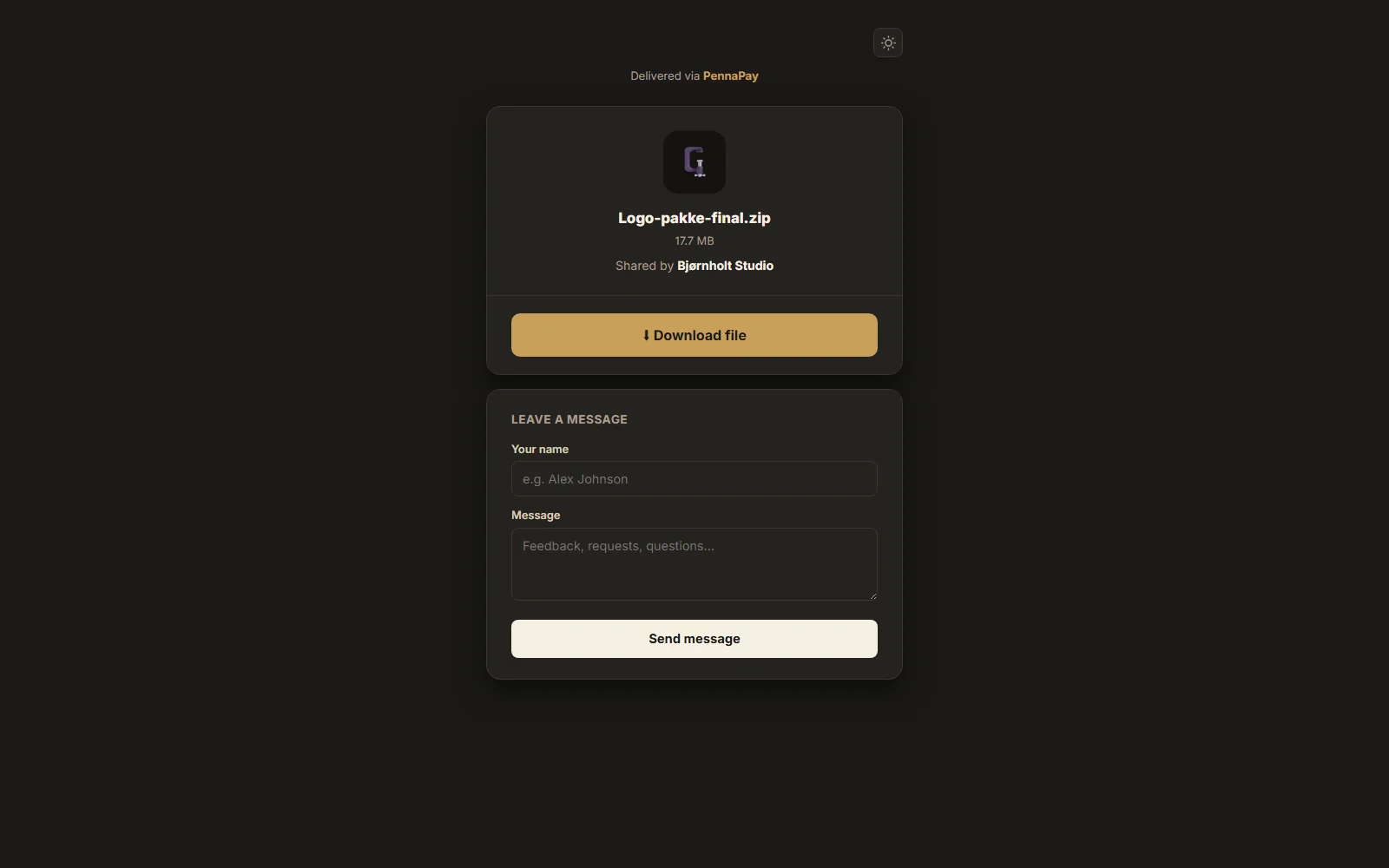 PennaShare-downloadsiden, som kunden modtager den: filnavn, filstørrelse, hvem der har delt den, en downloadknap og et beskedfelt — mørkt tema