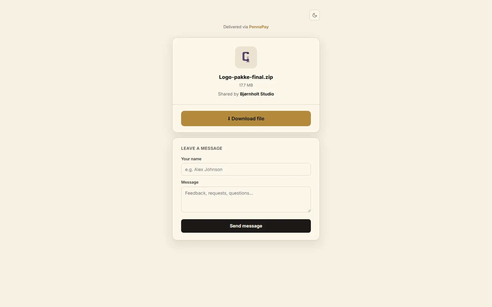 PennaShare-downloadsiden, som kunden modtager den: filnavn, filstørrelse, hvem der har delt den, en downloadknap og et beskedfelt — lyst tema